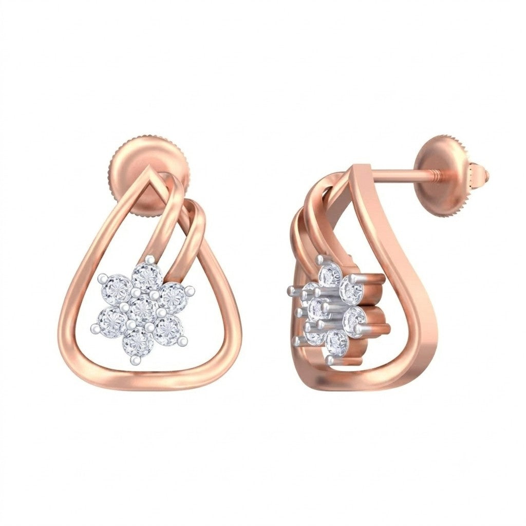 Pair of rose gold earrings with floral and geometric designs on a white background.