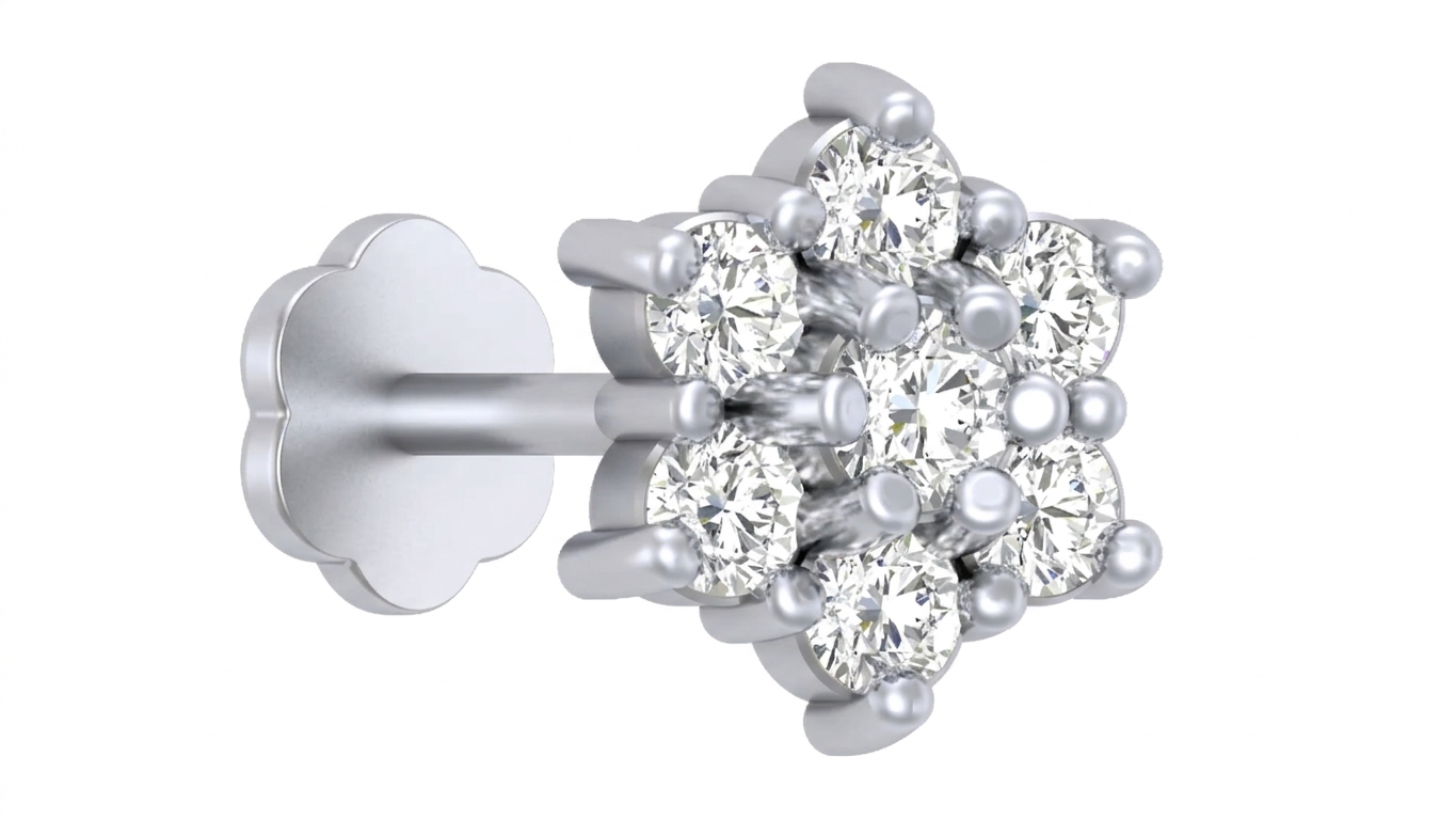 White Gold and diamond stud nose pin with clear gemstones on a white background