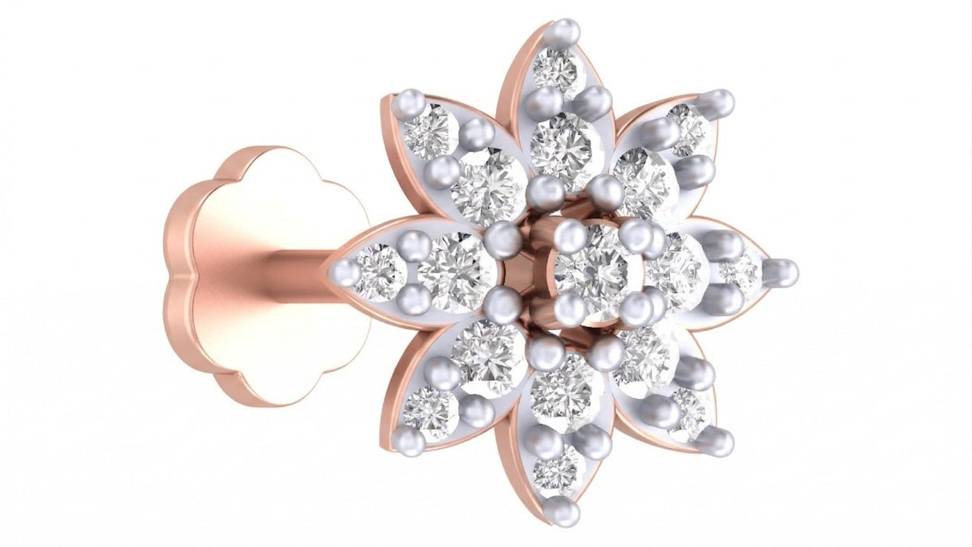 rose gold and diamond stud nose pin on a white background