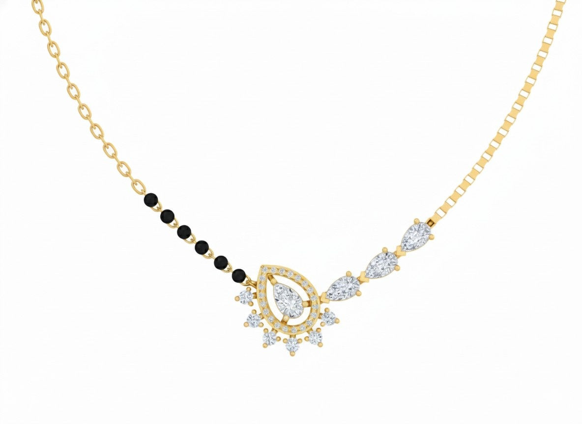 yellow gold and diamond mangalsutra with a teardrop-shaped on a white background