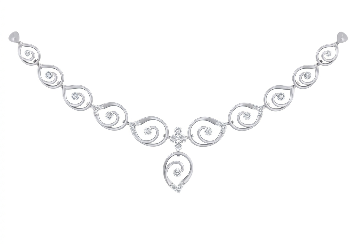 White gold and diamond necklace with diamond-accented swirl links and a geometric pendant drop.