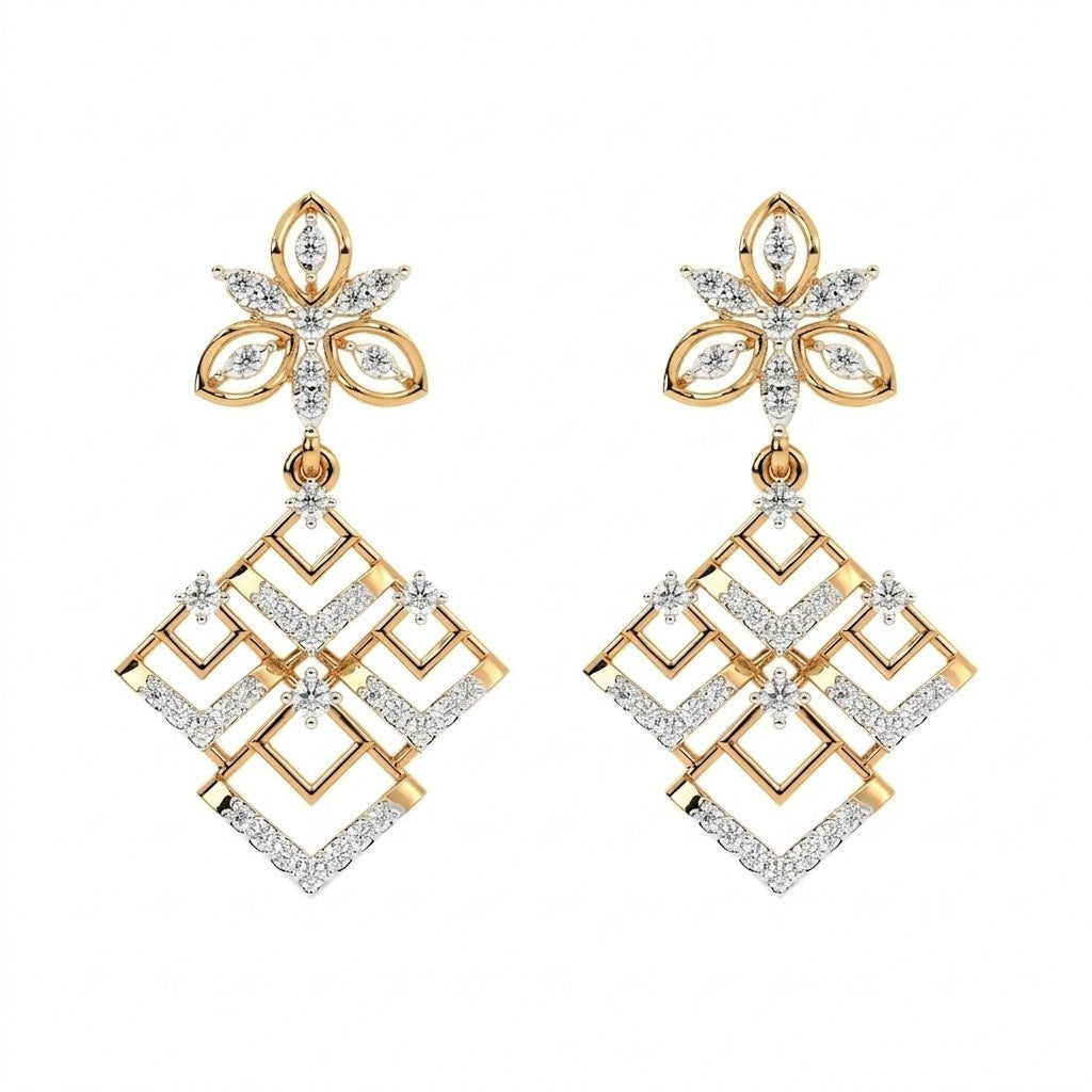 Pair of yellow gold and diamond earrings on a white background

