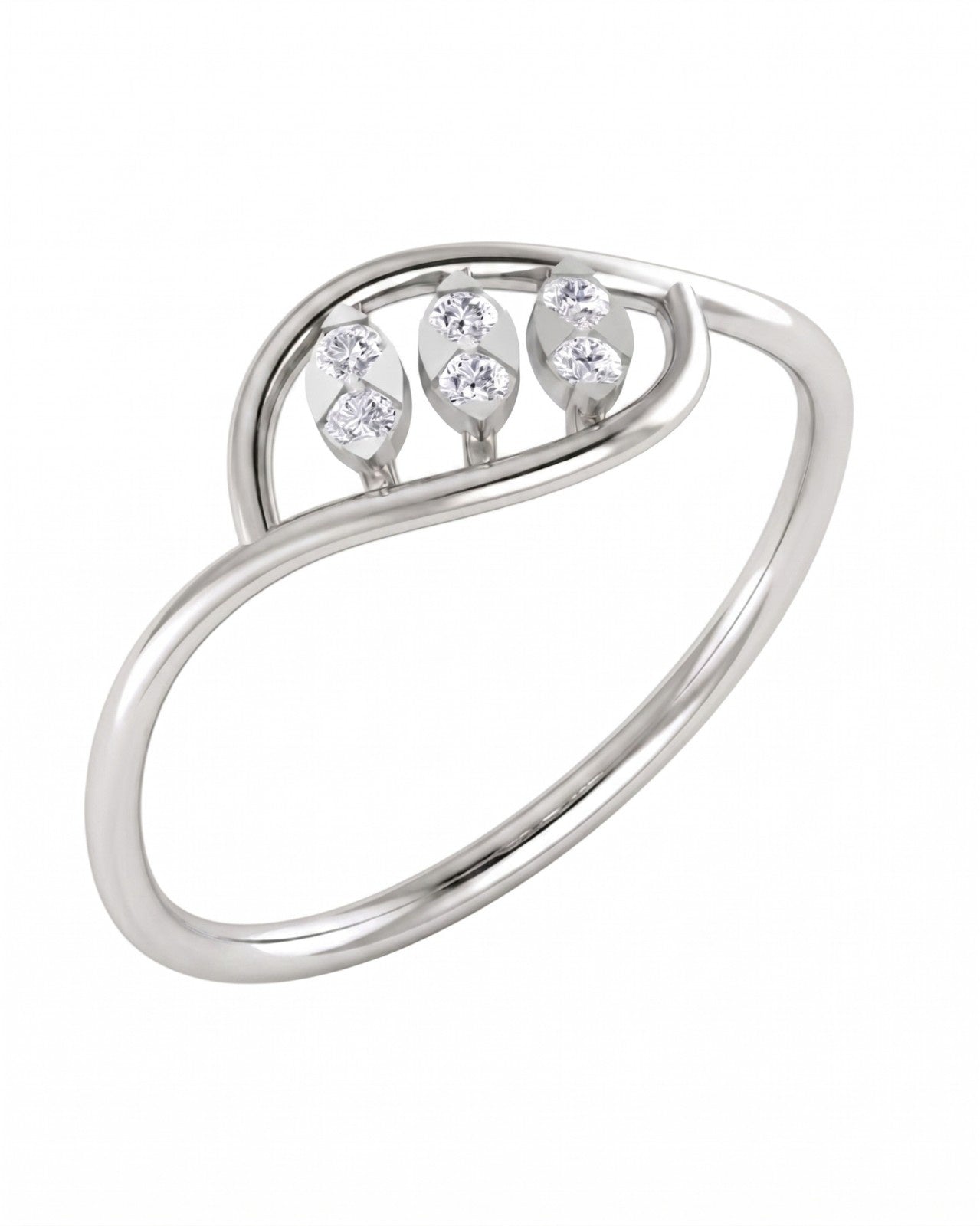 White gold ring with three small diamonds on a white background