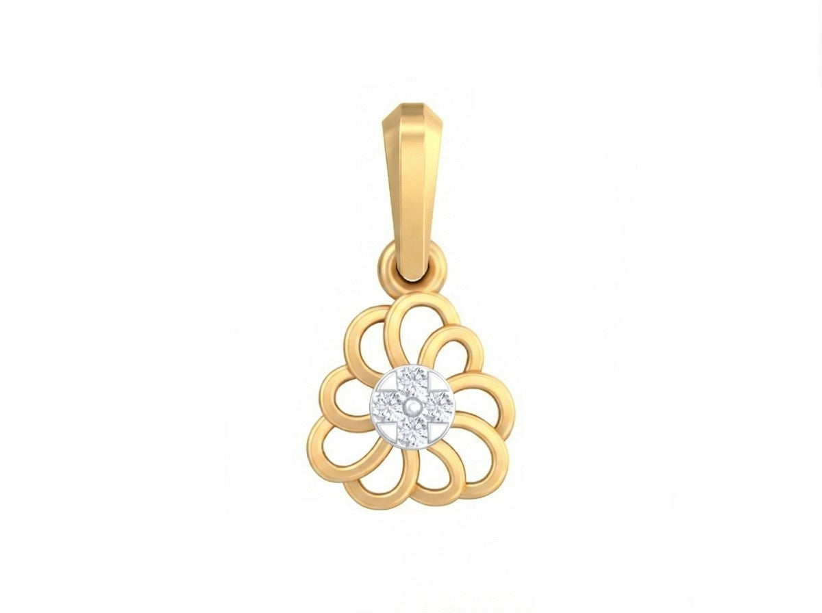 Gold floral pendant with a diamond on a white background
