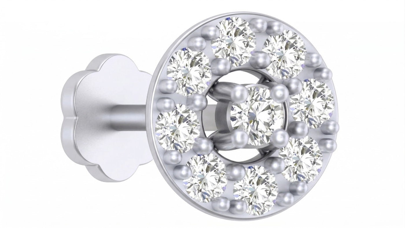 White gold and diamond stud nosepin on a white background