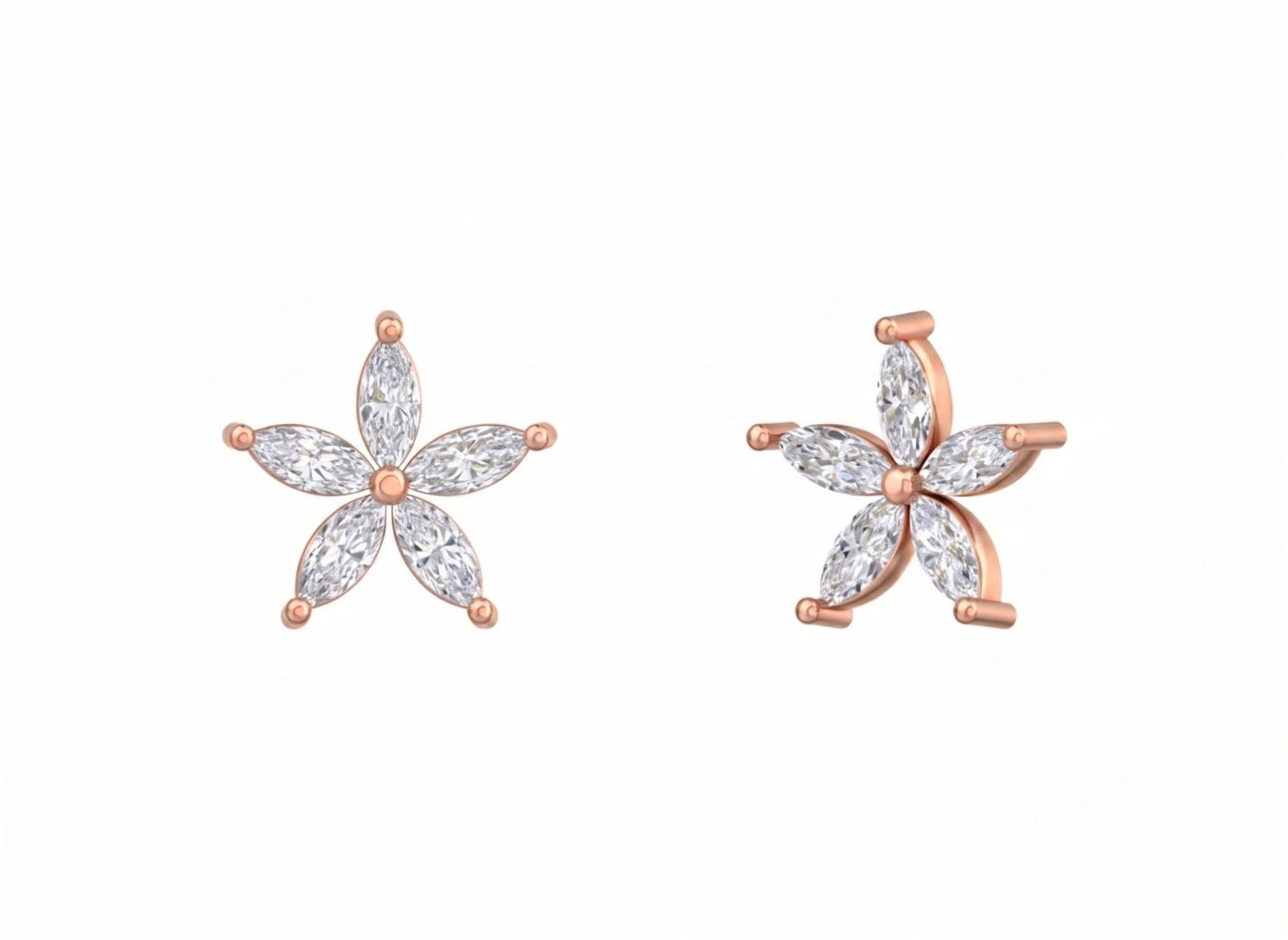 Rose gold and diamond stud earring with floral-design on a white background