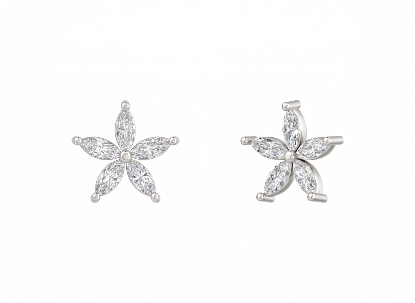 White gold and diamond stud earring with floral-design on a white background