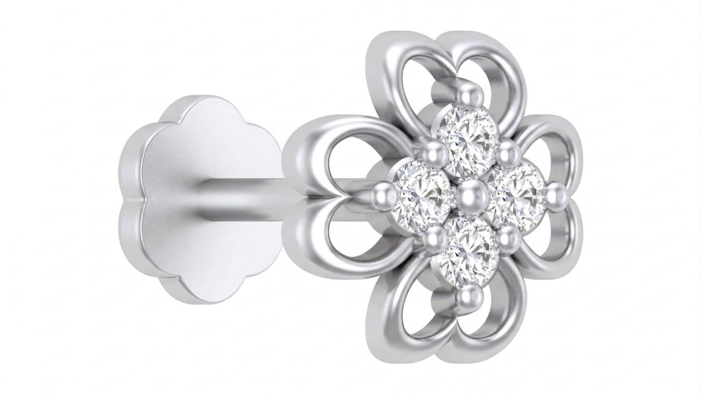 White gold and diamond stud nose pin with clear gemstones on a white background