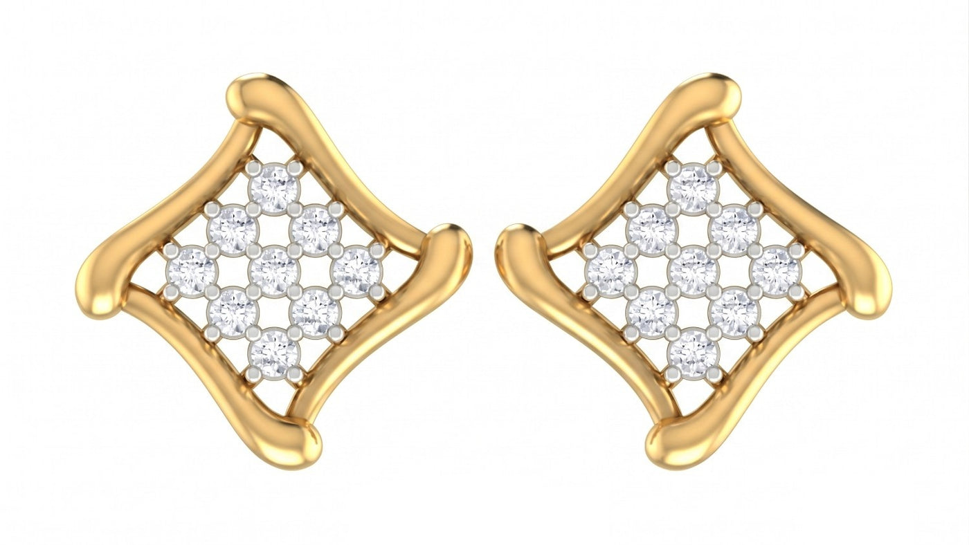 Yellow gold and diamond stud  earrings on a white background.