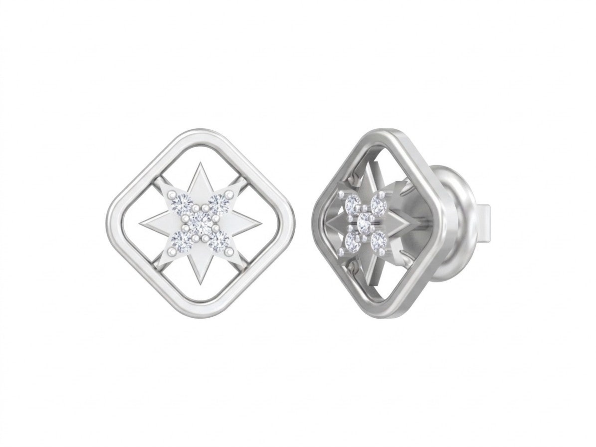 White gold and diamond star design earring on a white background.