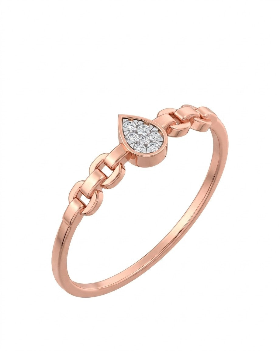 Rose gold ring with a heart-shaped diamond on a white background

