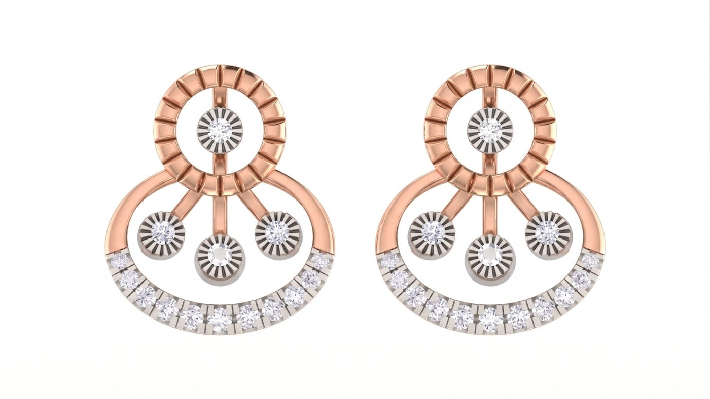 Pair of rose gold and diamond stud earrings on a white background.