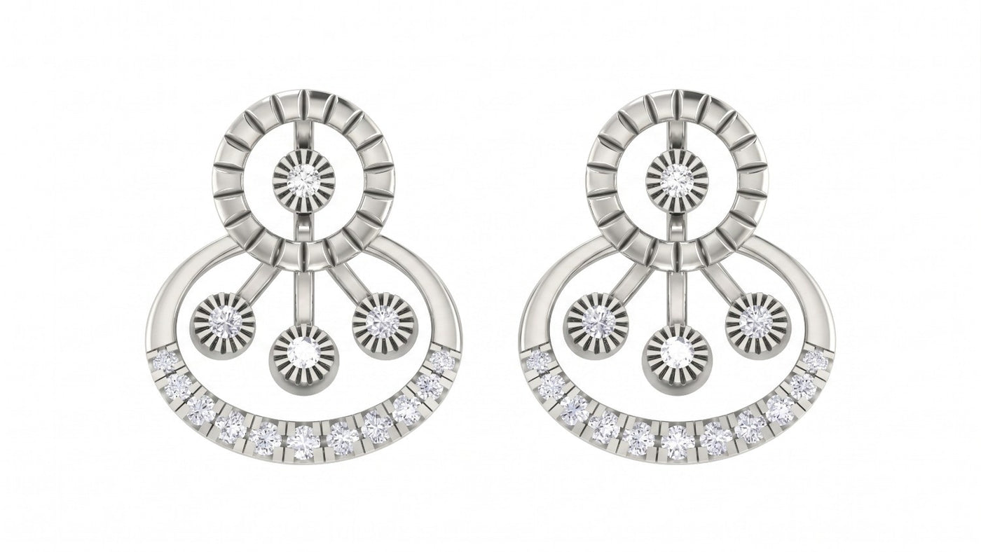Pair of white gold and diamond stud earrings on a white background.