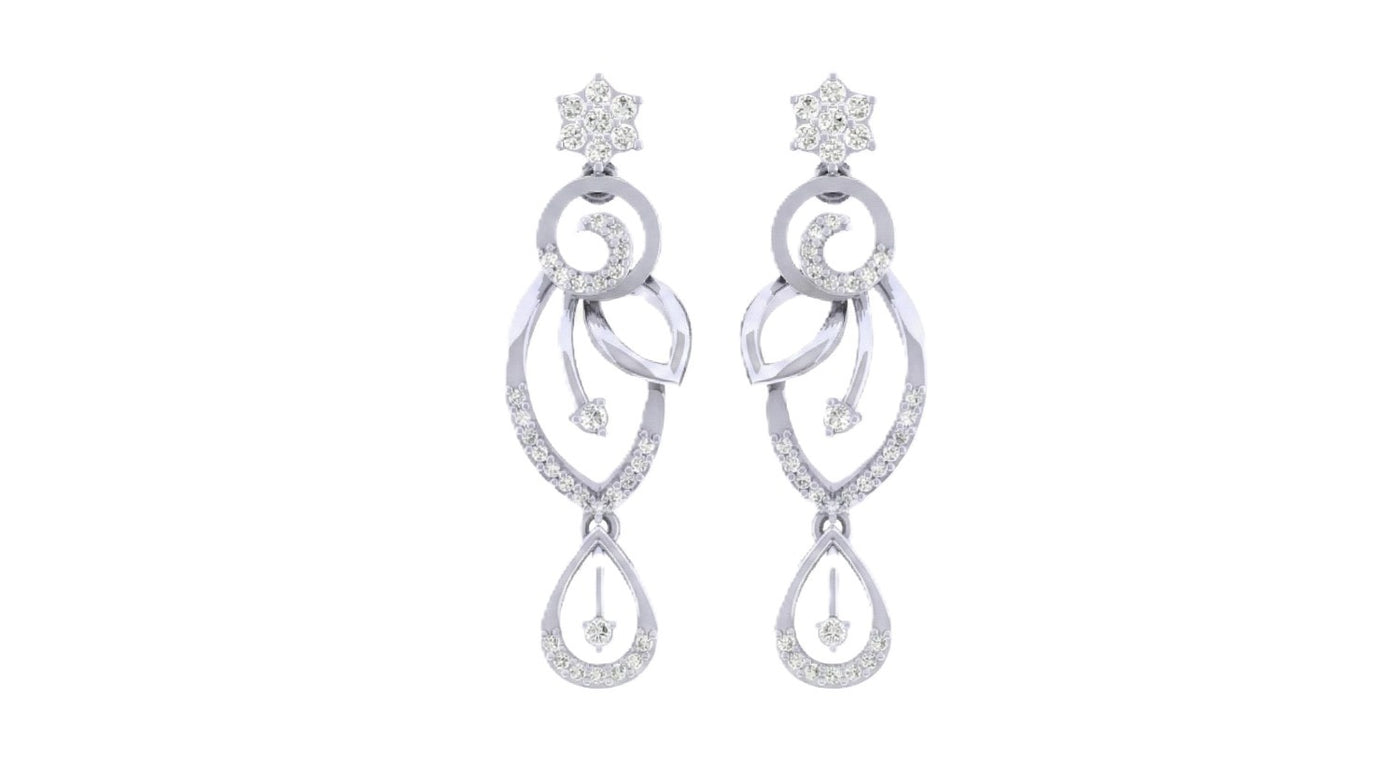 White gold and diamond earrings with diamond accents on a white background