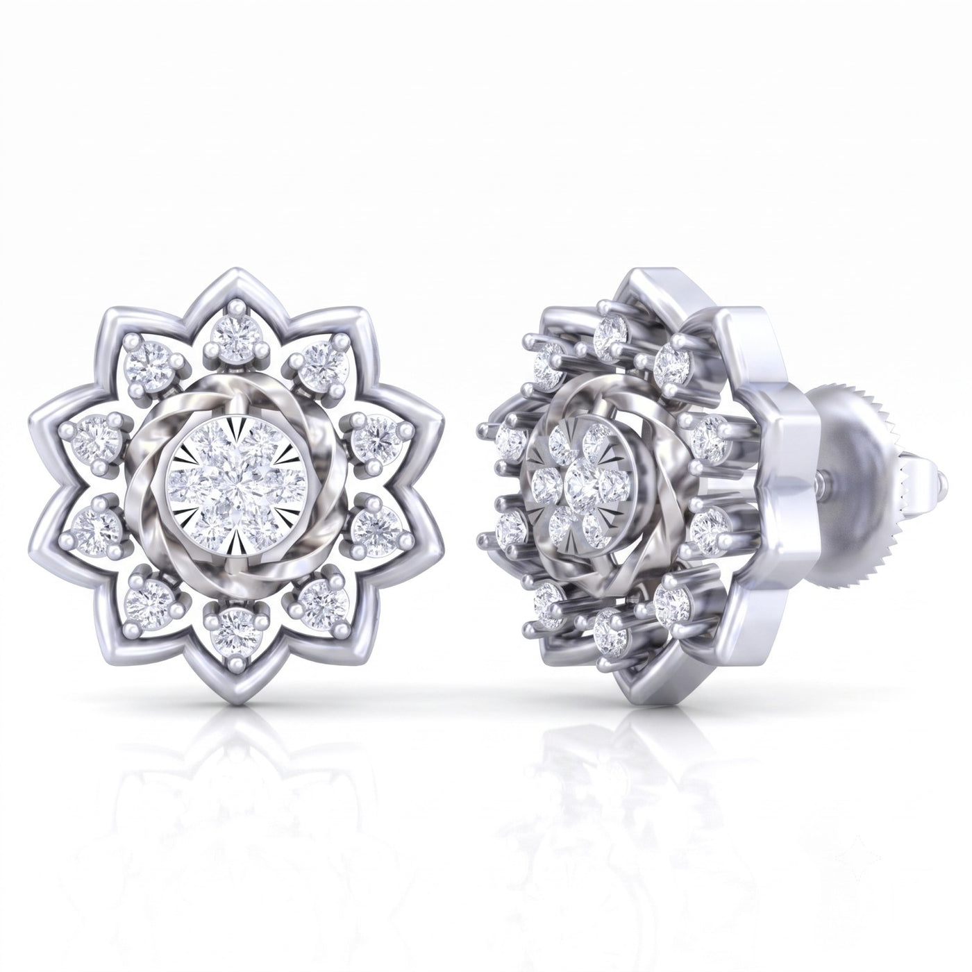 A pair of white gold and diamond floral stud earrings on a pure white background.