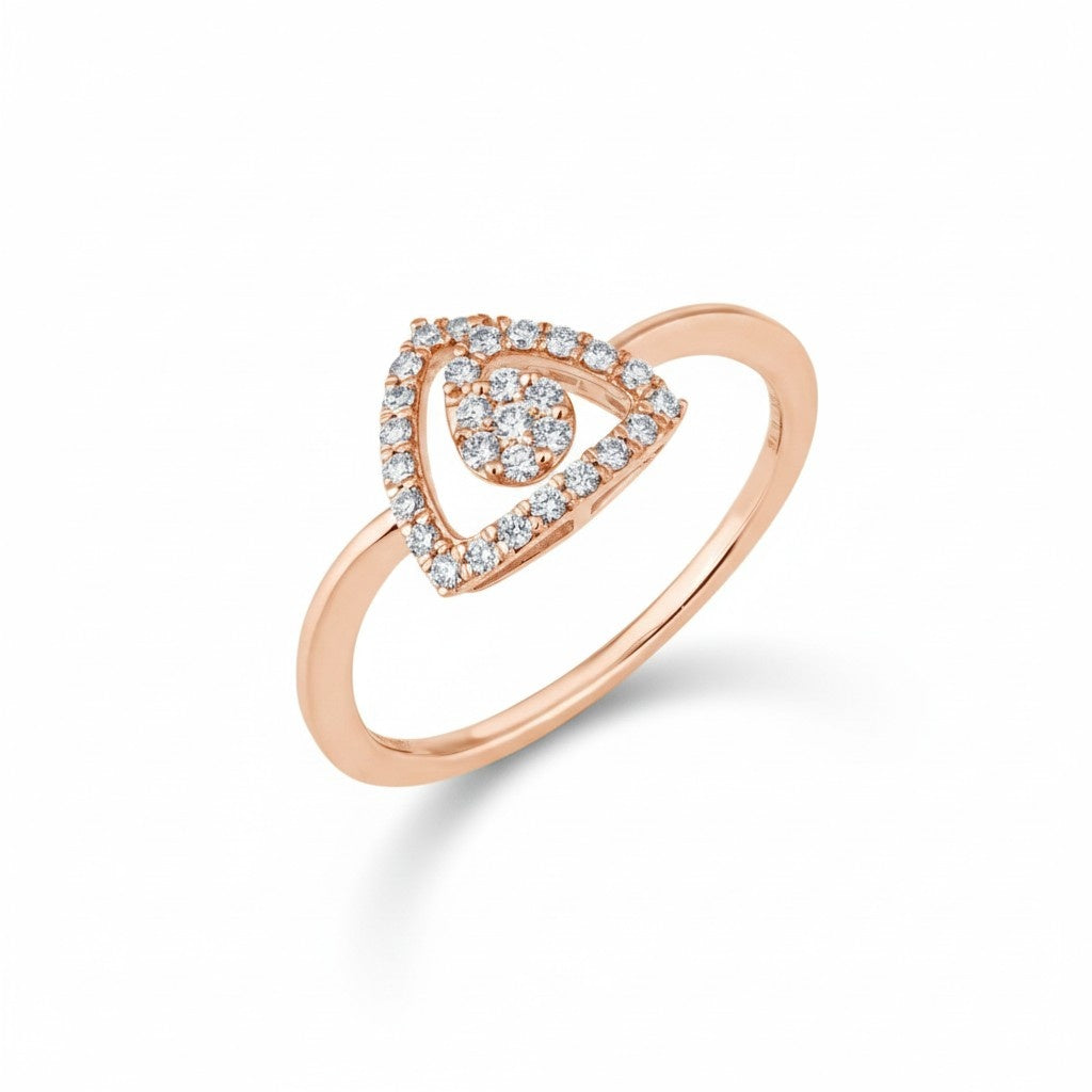 Rose gold ring with heart-shaped diamond design on a white background