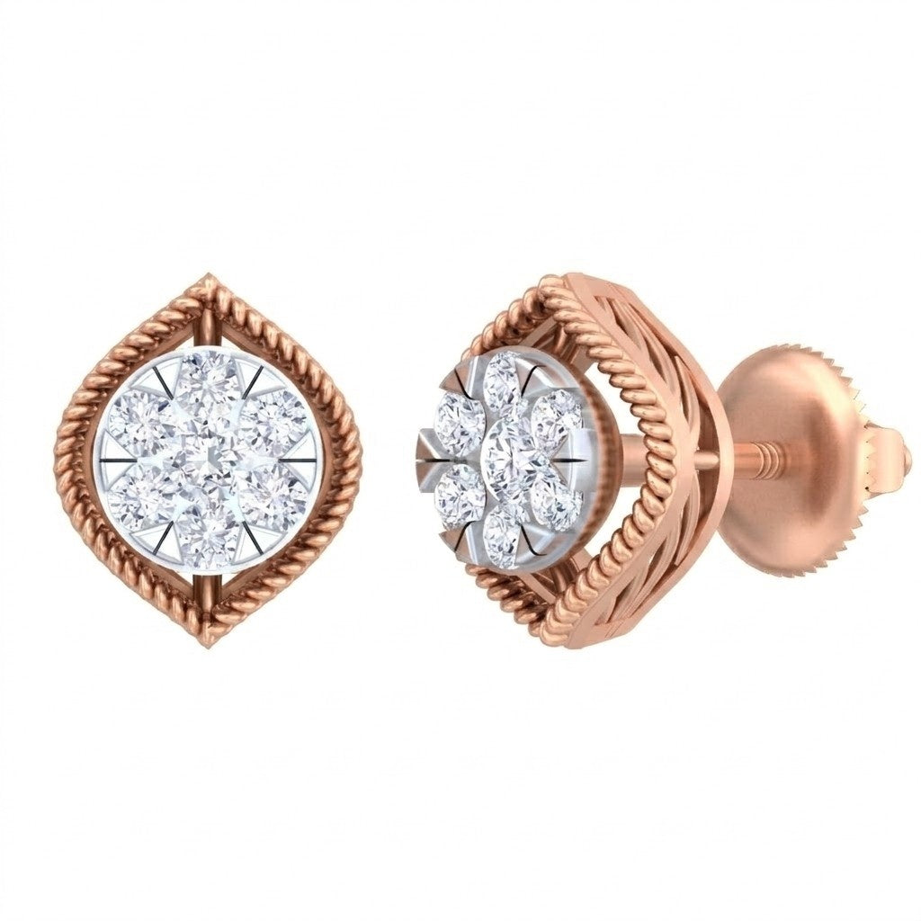 Pair of rose gold and diamond stud earrings on a white background