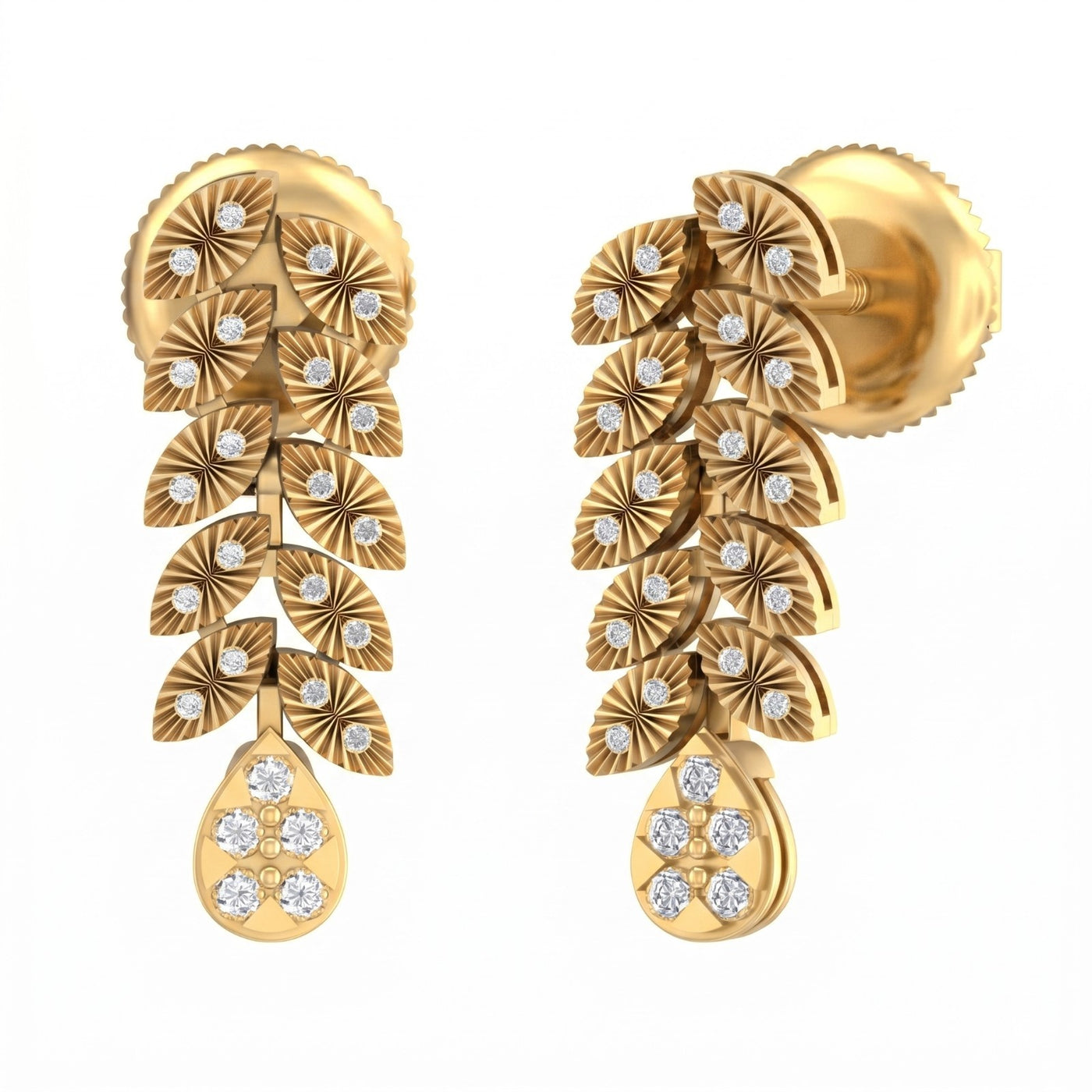Yellow gold earrings with leaf-like design and embedded diamonds on a white background
