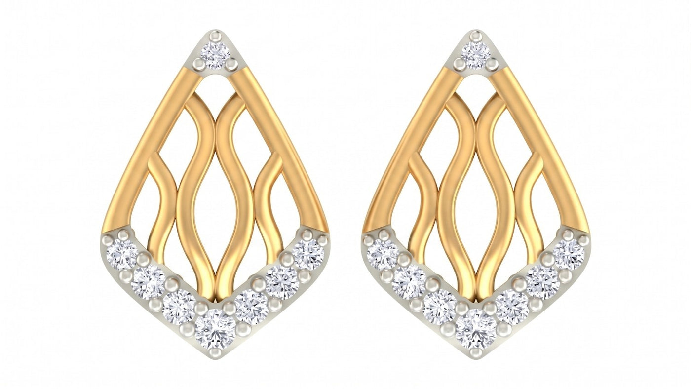 Yellow gold and diamond Geometric stud earring on a white background.