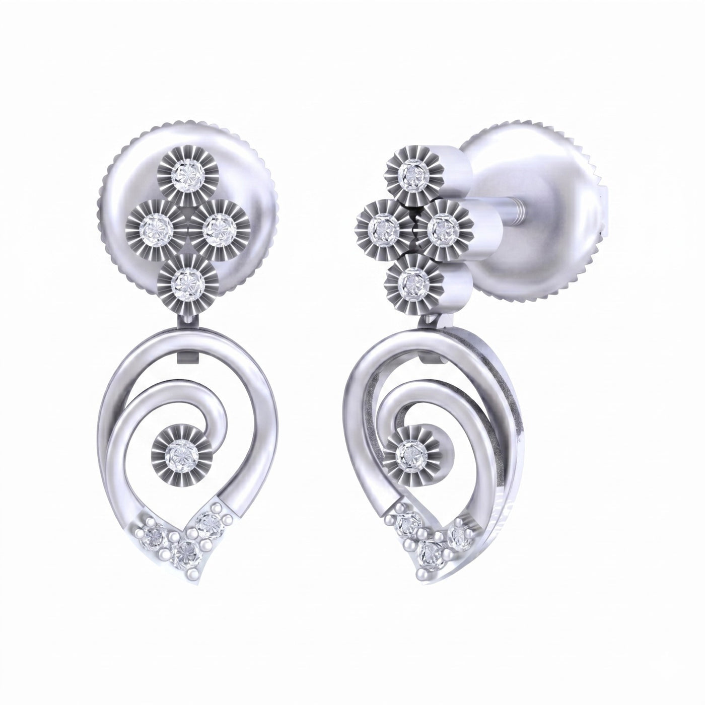 White gold and diamond drop earrings with floral designs on a white background.