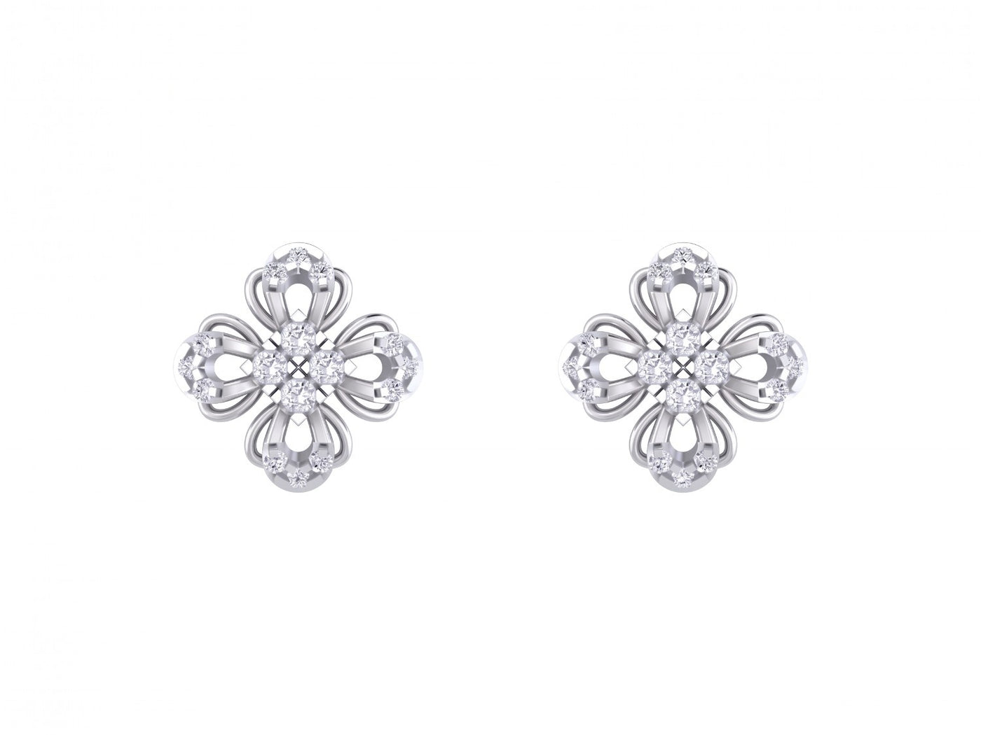 White gold and diamond floral stud earrings on a white background
