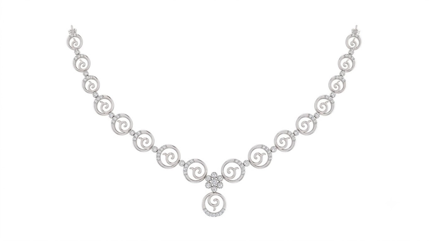 A white gold and diamond necklace featuring a series of openwork spiral links accented motif, shown on a plain white background.