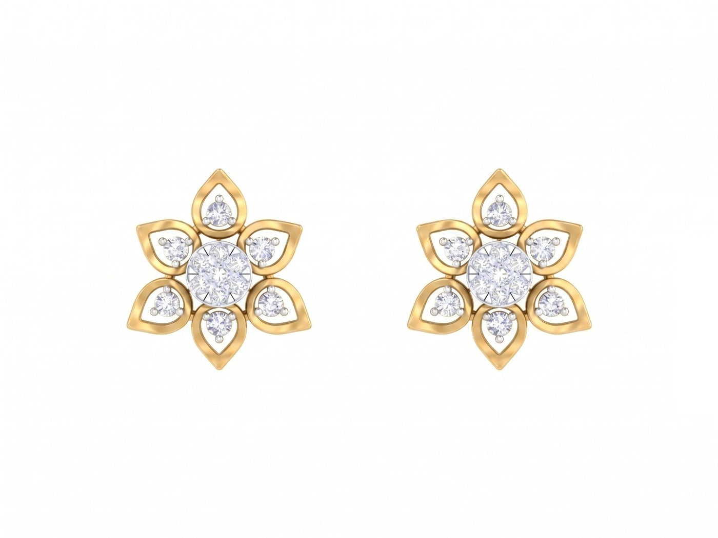 Yellow gold and diamond floral stud earrings on a white background