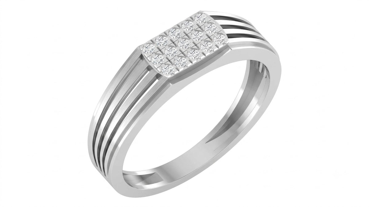 White gold and diamond band ring for men with diamond cluster on a white  background.