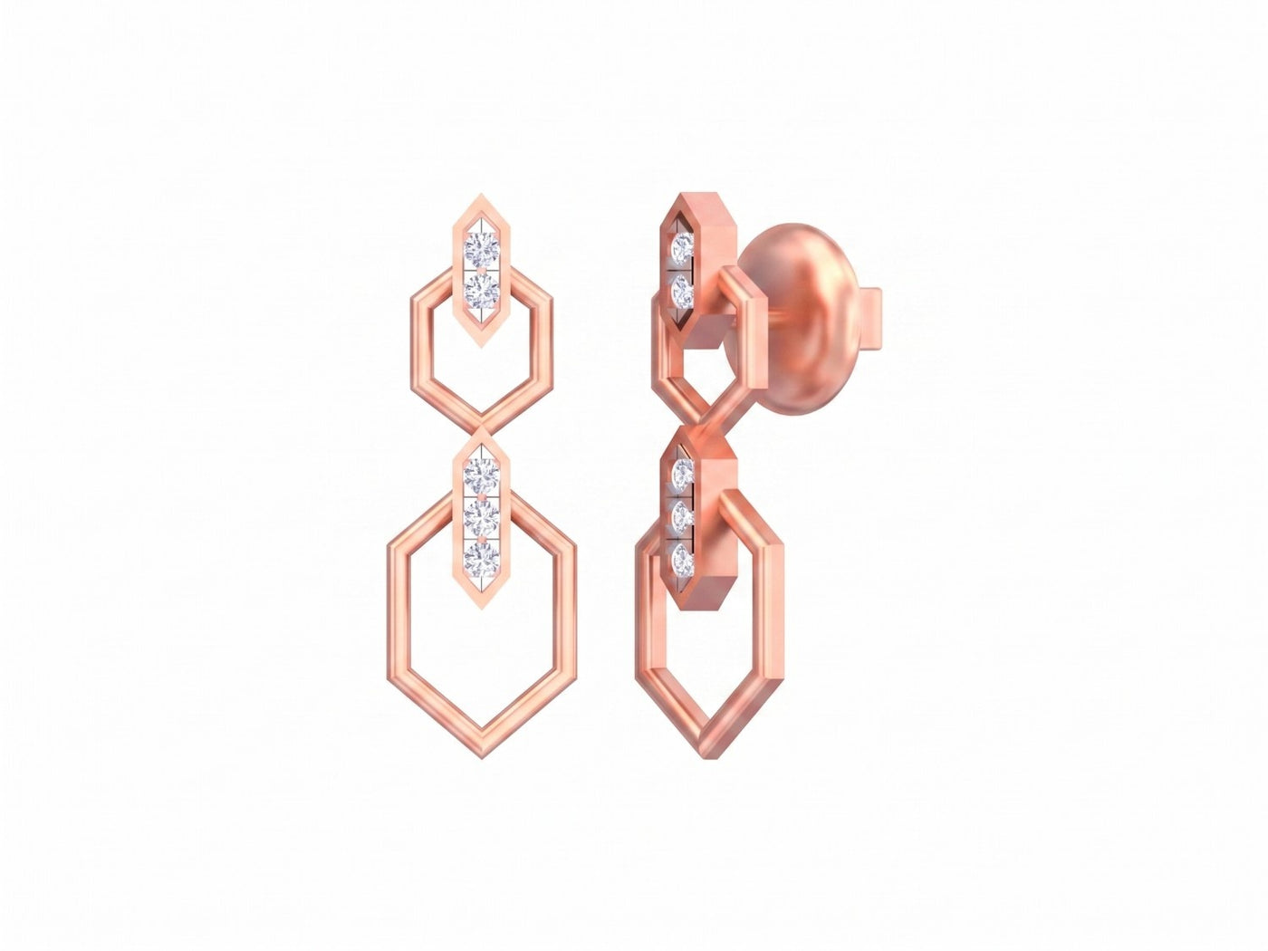 Rose gold an diamond drop earring on a white background.
