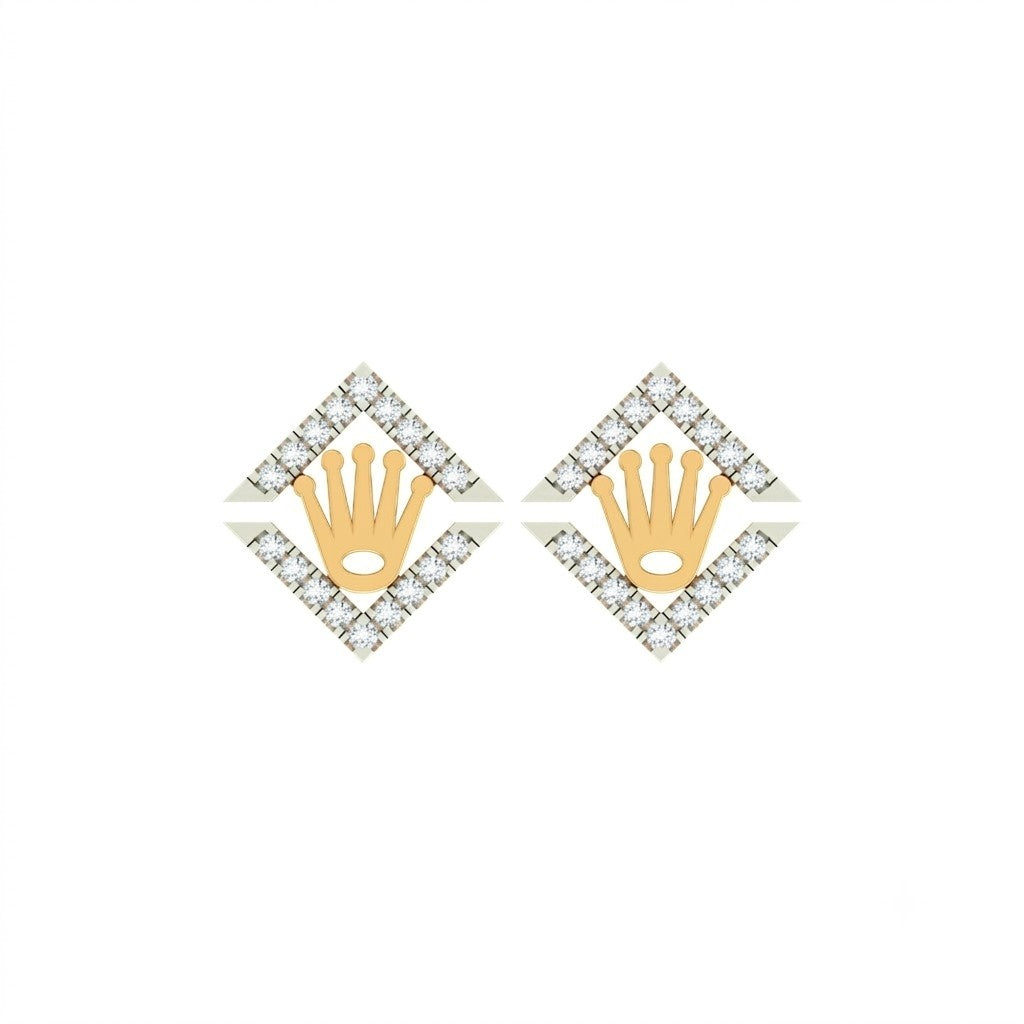 Pair of yellow gold and diamond crown-design stud earrings on a white background.