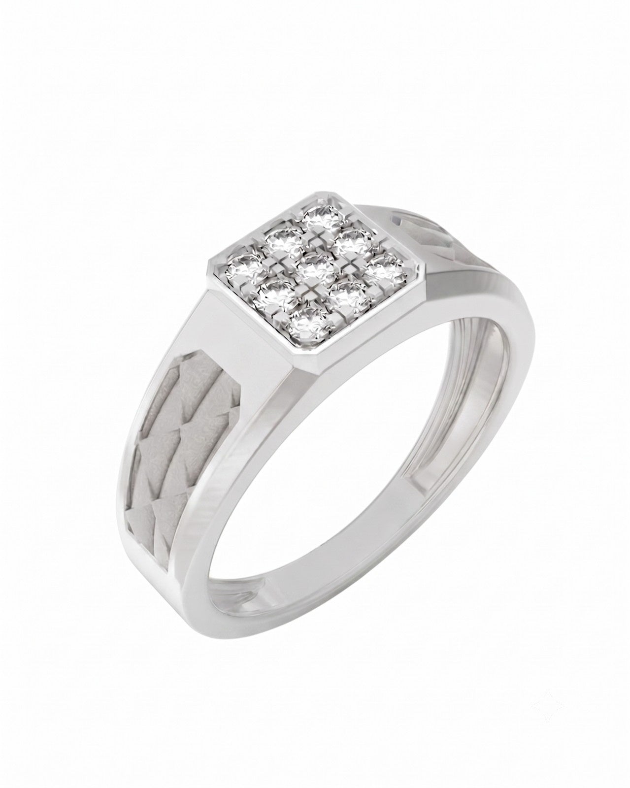 A white gold signet ring with a square-shaped diamond cluster setting, shown on a clean white background.