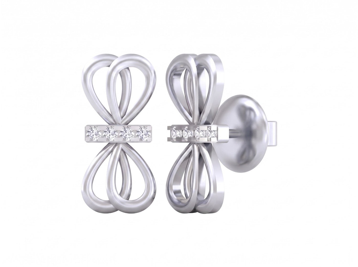 White gold and diamond bow stud earring on a white background.