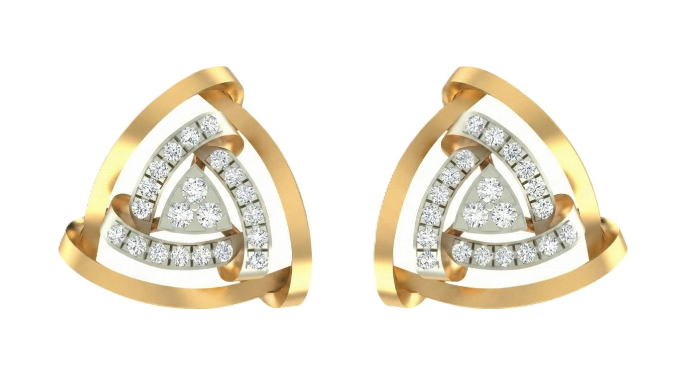 Pair of yellow gold triangle-shaped earrings with diamond accents on a white background.