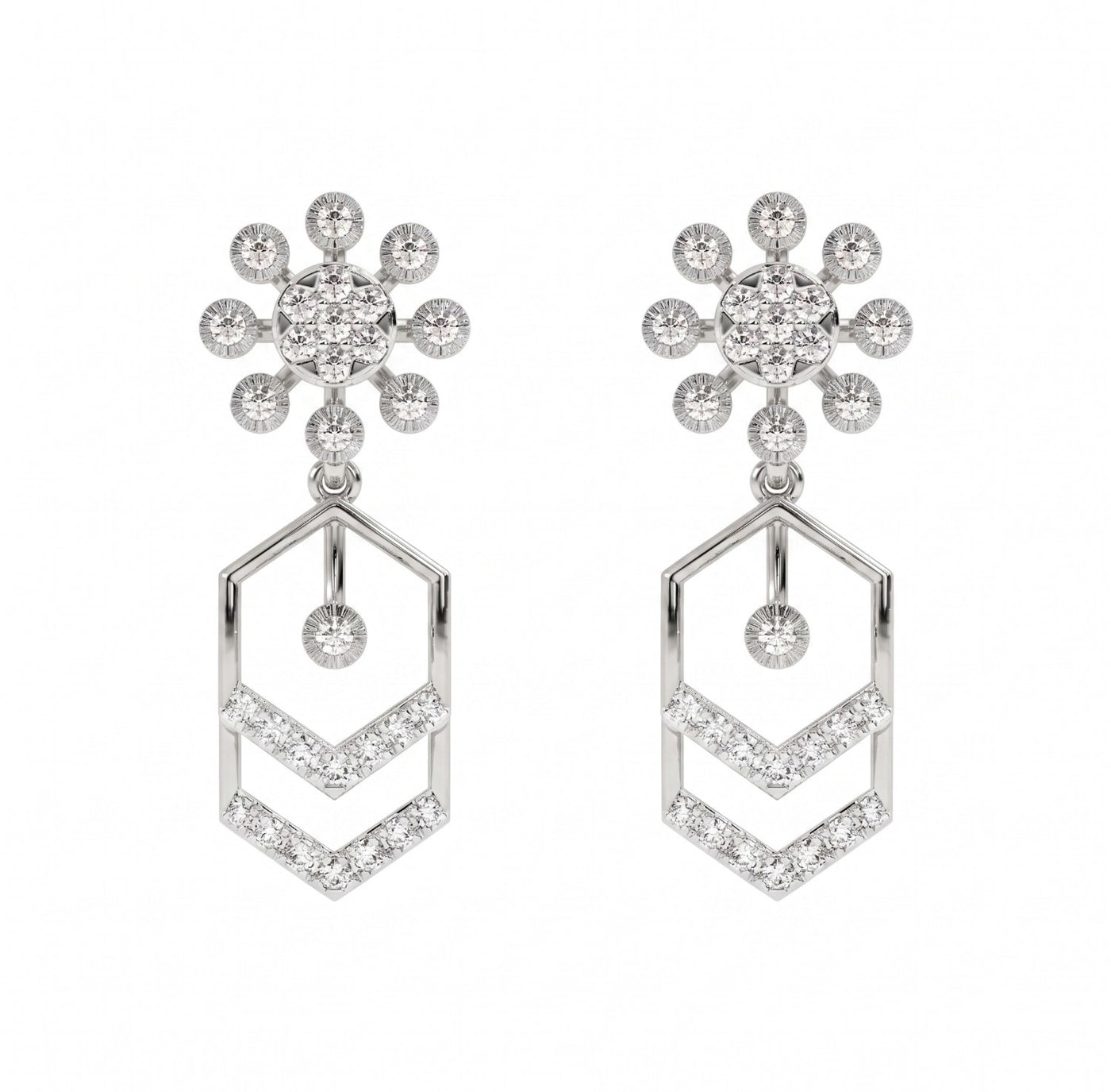 Pair of white gold and diamond dangler earrings on a white background