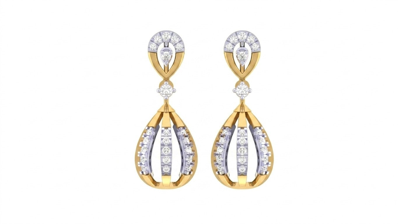 Yellow gold and diamond drop earring with teardrop-design on a white background.