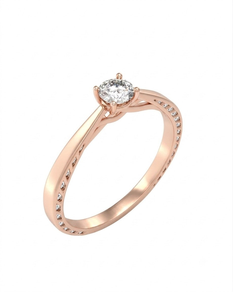 Rose gold ring with a diamond on a white background