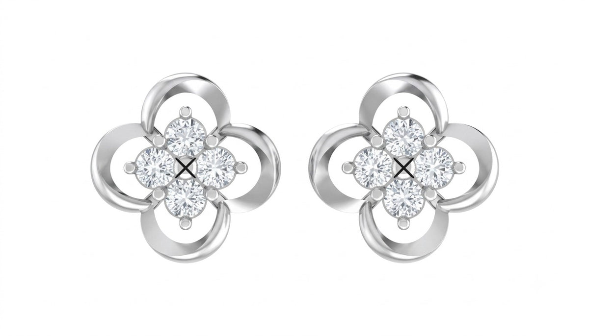 White gold and diamond stud  earrings with floral-design stones on a white background