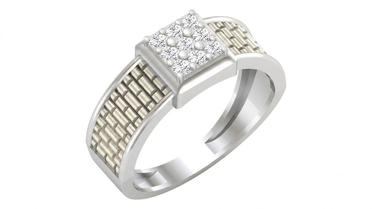 A white gold ring with a square diamond cluster and textured, shown on a plain white background.