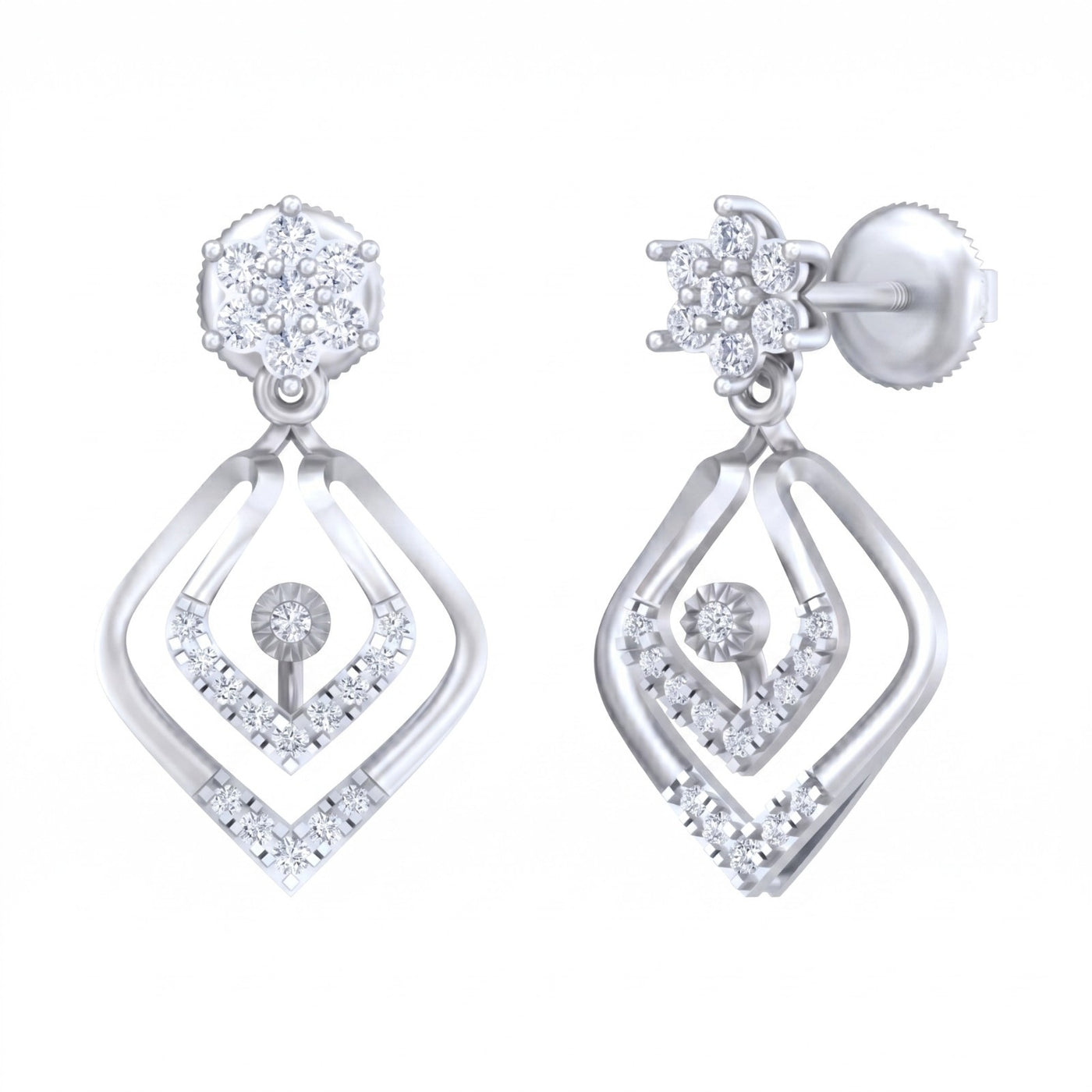Pair of white gold and diamond drop earrings on a white background