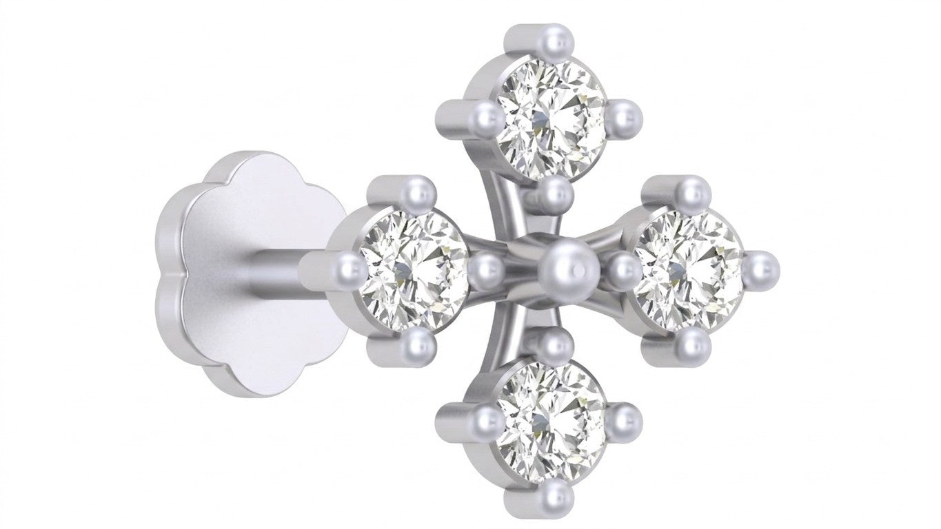 white gold and diamond stud nose pin with diamonds on a white background