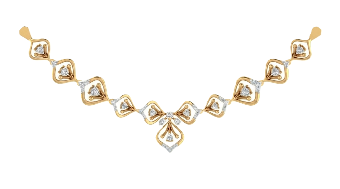 gold and diamond necklace featuring repeating openwork petal links and a delicate floral center drop.