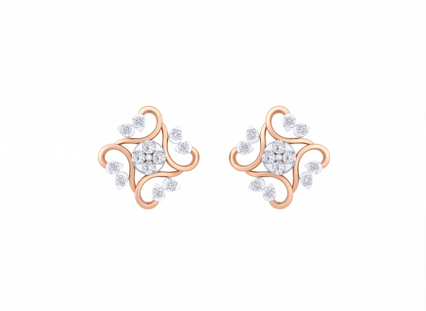 Rose gold and diamond floral stud earring on a white background.