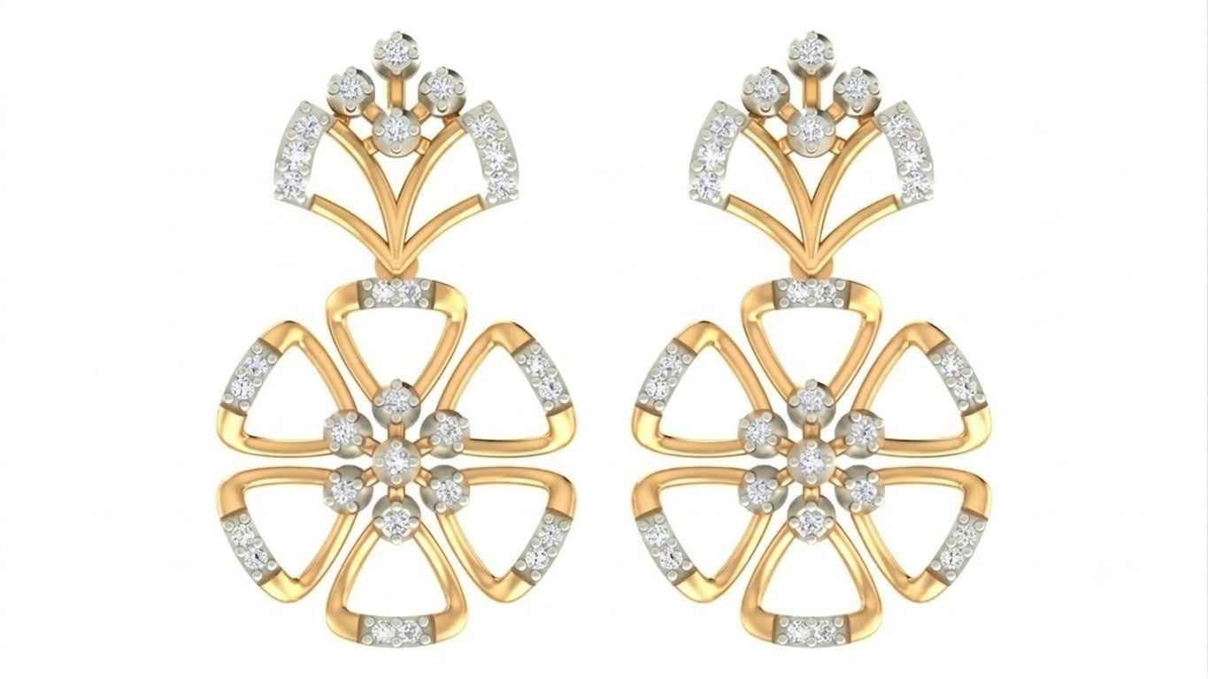 Pair of yellow gold and diamond floral earrings on a white background