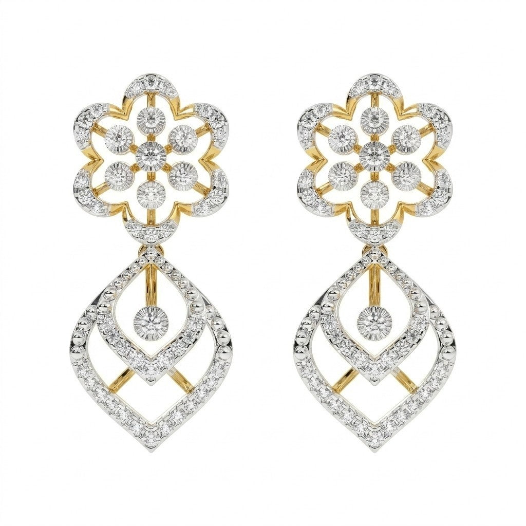 Pair of yellow gold and diamond dangler stud earrings on a white background