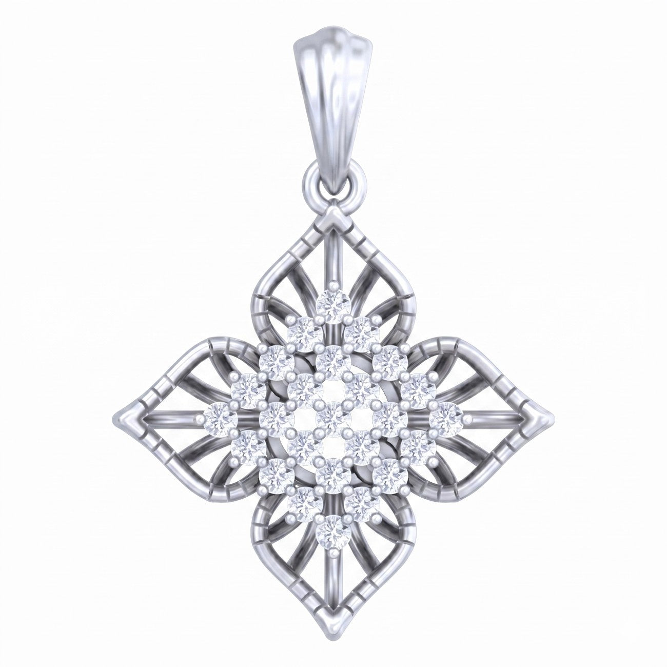 White gold and diamond floral pendant on white background