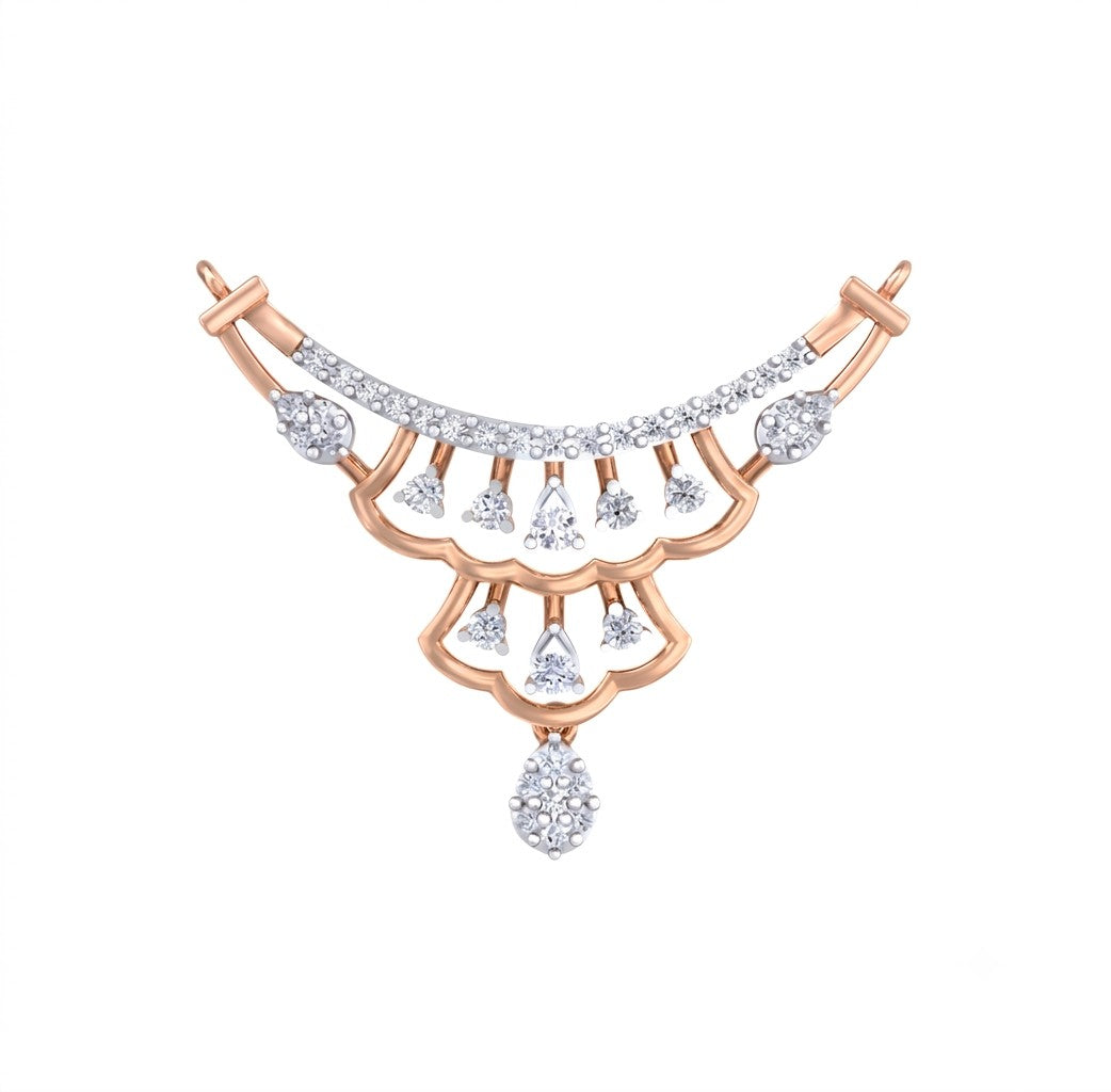 Rose gold and diamond with teardrop design on a white background.