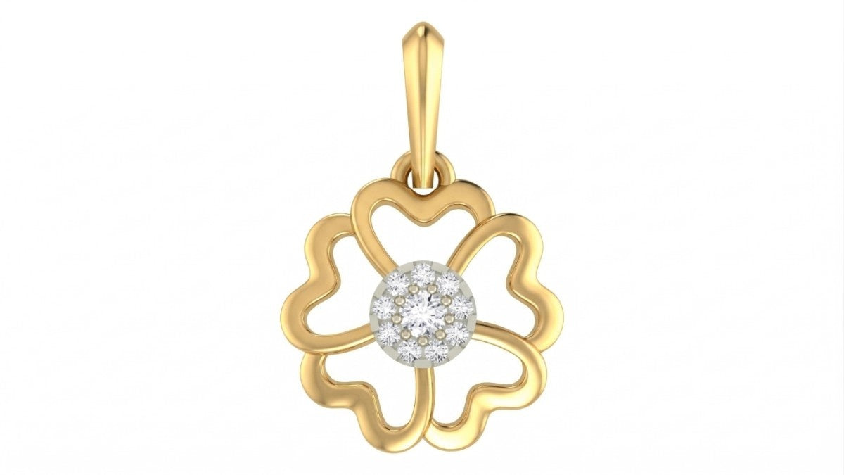 Gold pendant with a heart design and central diamond on a white background