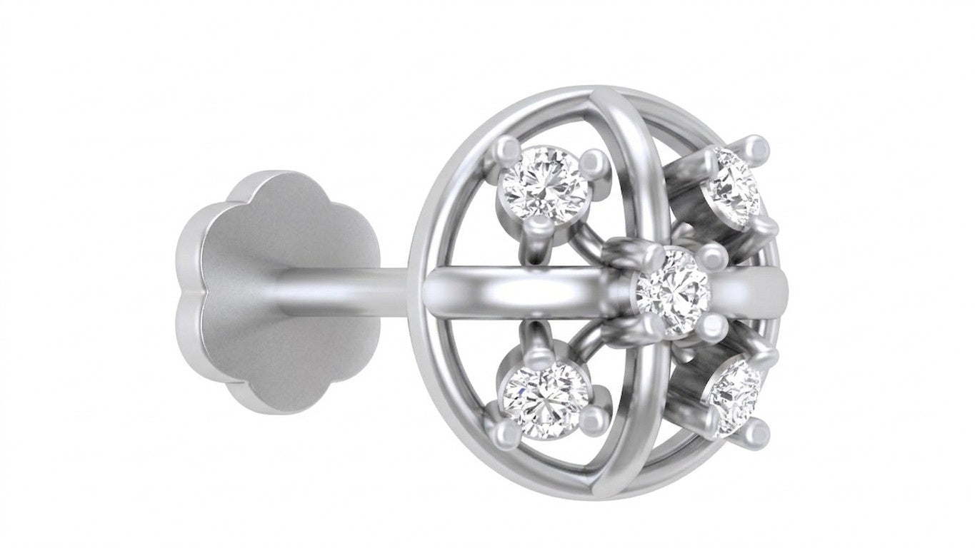 white gold and diamond stud nose pin on a white background
