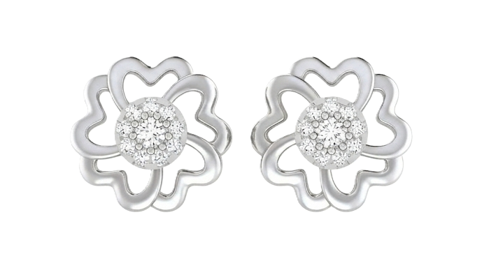 White gold and diamond loral earrings on a white background.