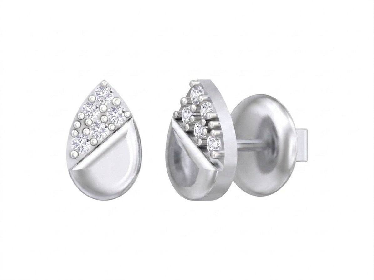 White gold and diamond stud earring with teardrop-shaped on a white background.